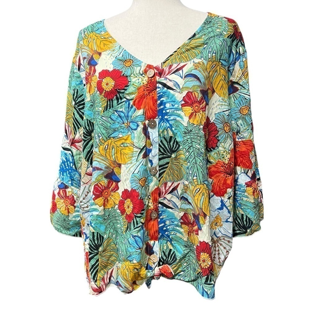 Mirror Image Floral Tropical Multicolor V Neck Bell Sleeve Wood Button Size 2X*